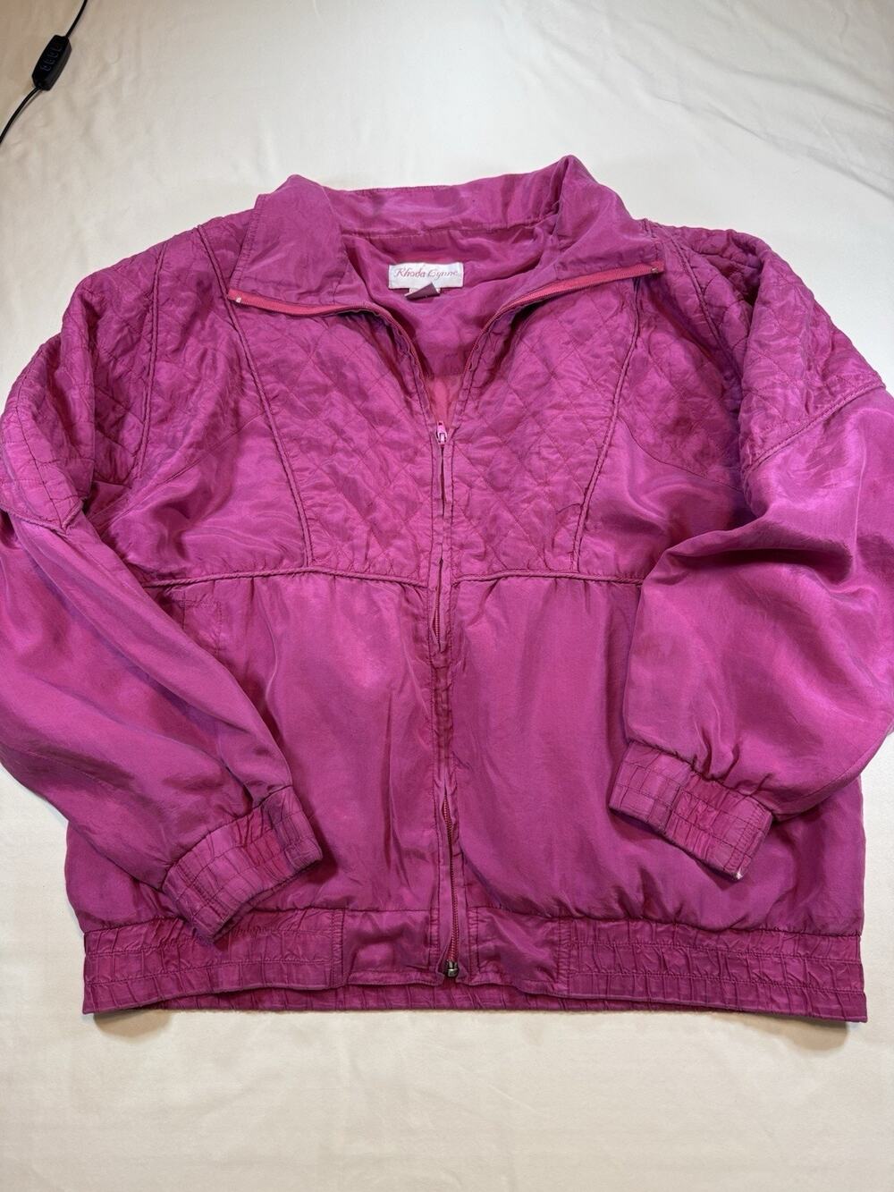 Vintage Rhoda Lynne Pink Silk Quilted Bomber Jacket Womens M Full Zip 80s 90s